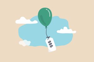 Inflation causing price rising up, overvalued stock or funds, consumer purchasing power reducing concept, air balloon tied with product price tag flying high rising up in the sky.